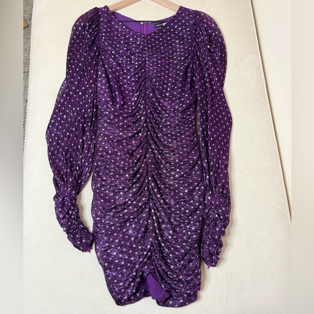 For Love and Lemons Purple Ruched Glitter Mini Dress Puff Sleeve Party Glam Chic